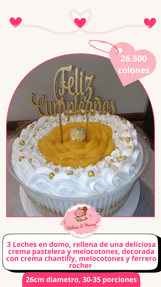 PASTEL 3 LECHES RELLENO CON CREMA PASTELERA EN DOMO